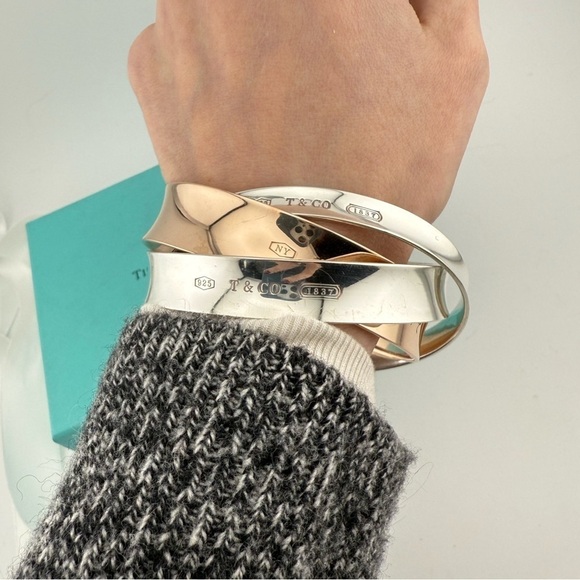 SUPER RARE Tiffany & Co. 1837 Interlocking Rubedo & Silver Bangles Bracelet - Picture 3 of 12